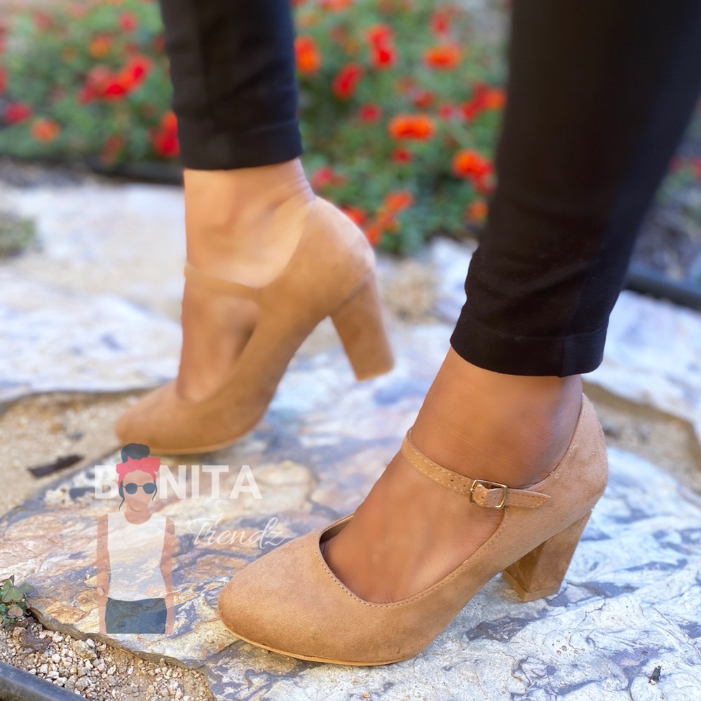 Vegan Suede Tan Mary Jane Pin Up Pumps Heels - Picture 3 of 5